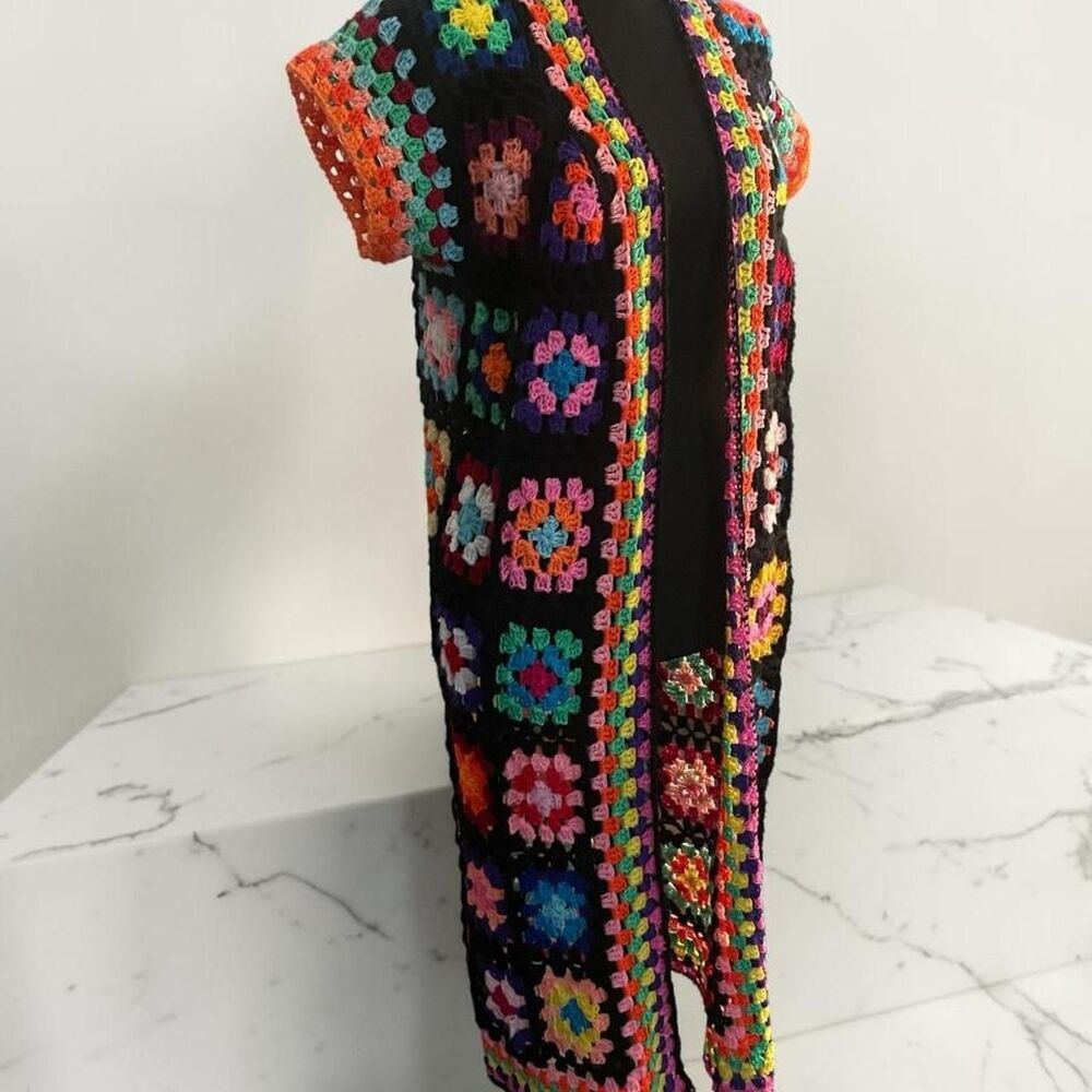 Multicolor Crochet Granny Square Duster Vest Boho Festival Longline Cardigan - Picture 5 of 7